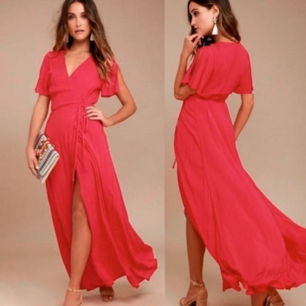 YFB Coral Pink Ruffle Wrap Front Tie Maxi Dress